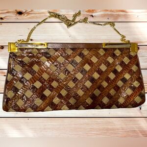 Authentic Hermes - Diamond Patterned Brown Alligator Vintage Clutch Mid Century